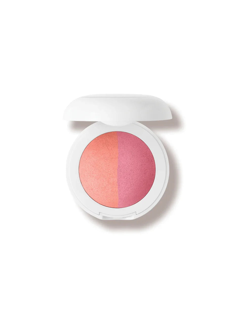 Luxury blush duo compact with peach and rosy pink shades, soft powder finish, Wylde Grey beauty