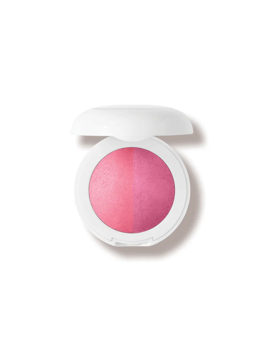 Wylde Grey pink dual-tone blush in sleek white compact, radiant soft powder texture