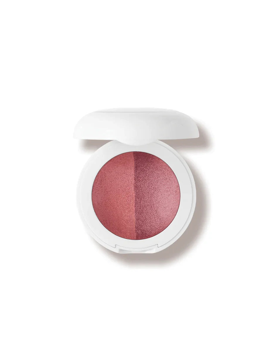 Luxurious two-tone rosy blush compact with matte and shimmer finishes in white case