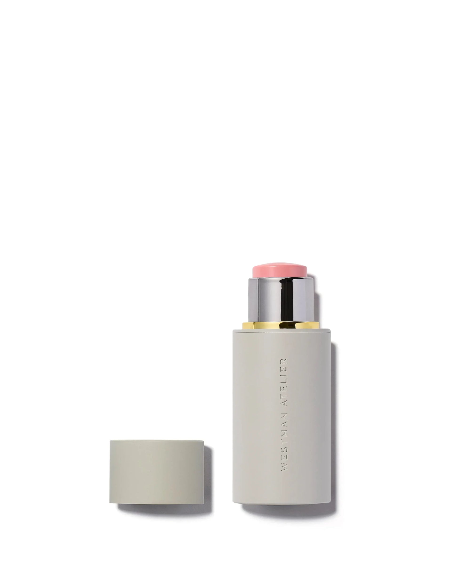 Westman Atelier blush stick in Coquette, soft pink shade with creamy texture, luxe matte case