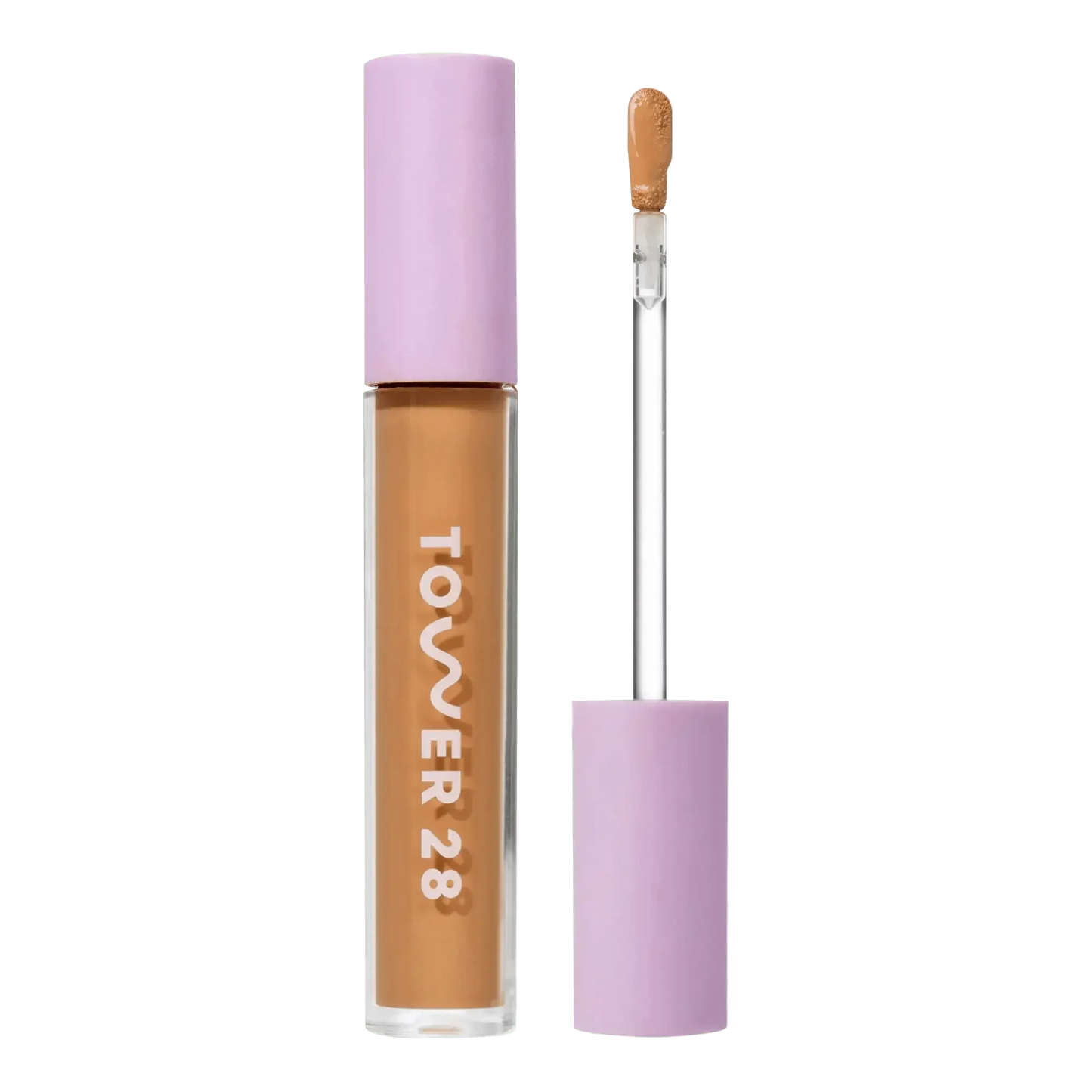 Serum concealer with creamy tan shade, sleek clear tube, and lavender cap, dewy finish