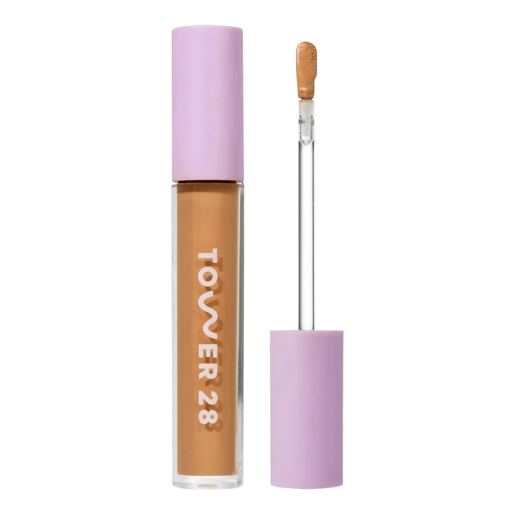Serum concealer with creamy tan shade, sleek clear tube, and lavender cap, dewy finish