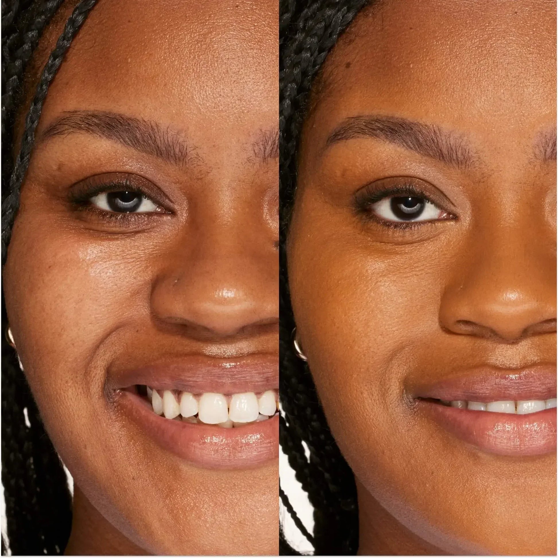 Before and after of a woman with rich brown skin, showing smooth, radiant complexion and natural, dewy finish from concealer application.