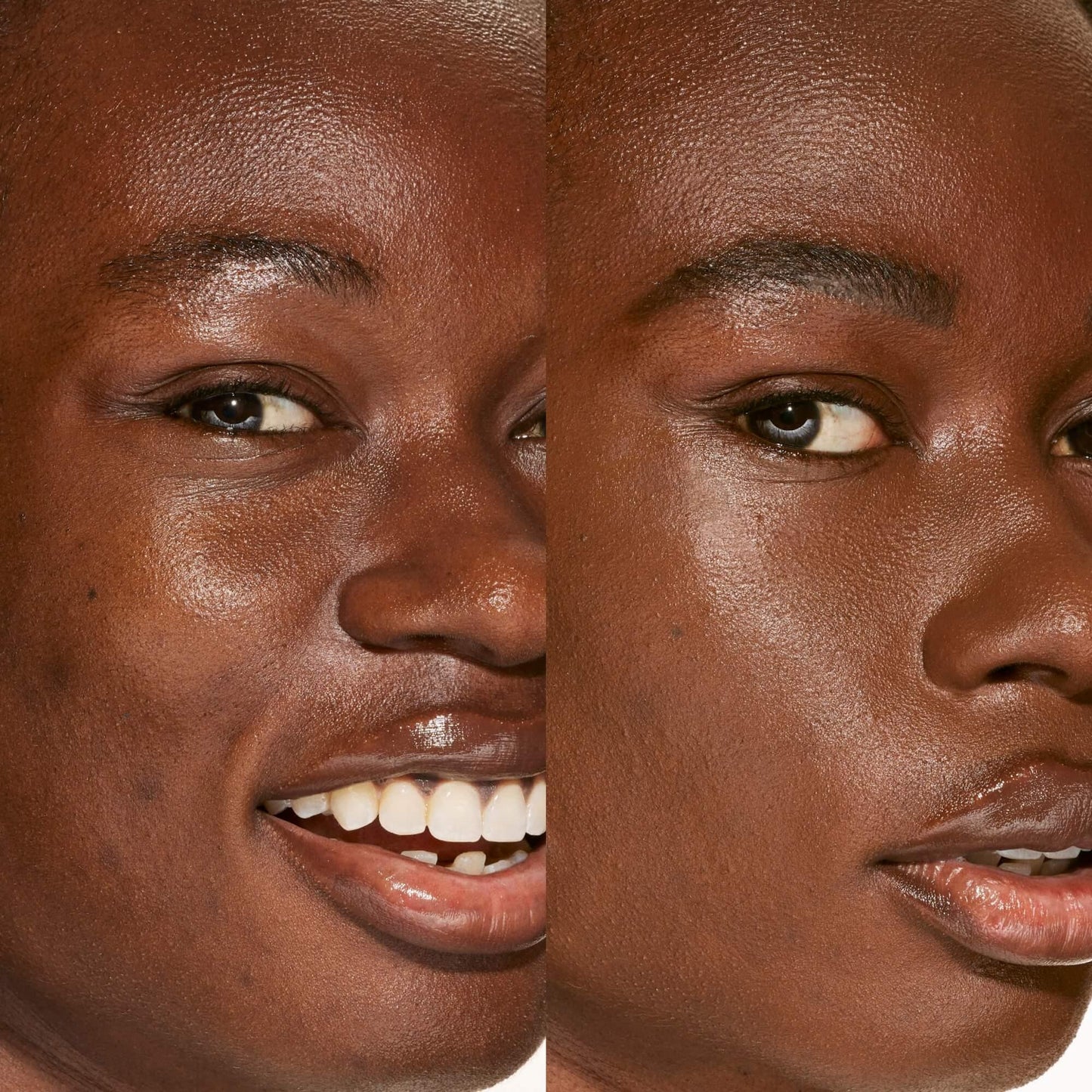 Close-up of deep skin tone before and after concealer, luminous and flawless dewy finish.