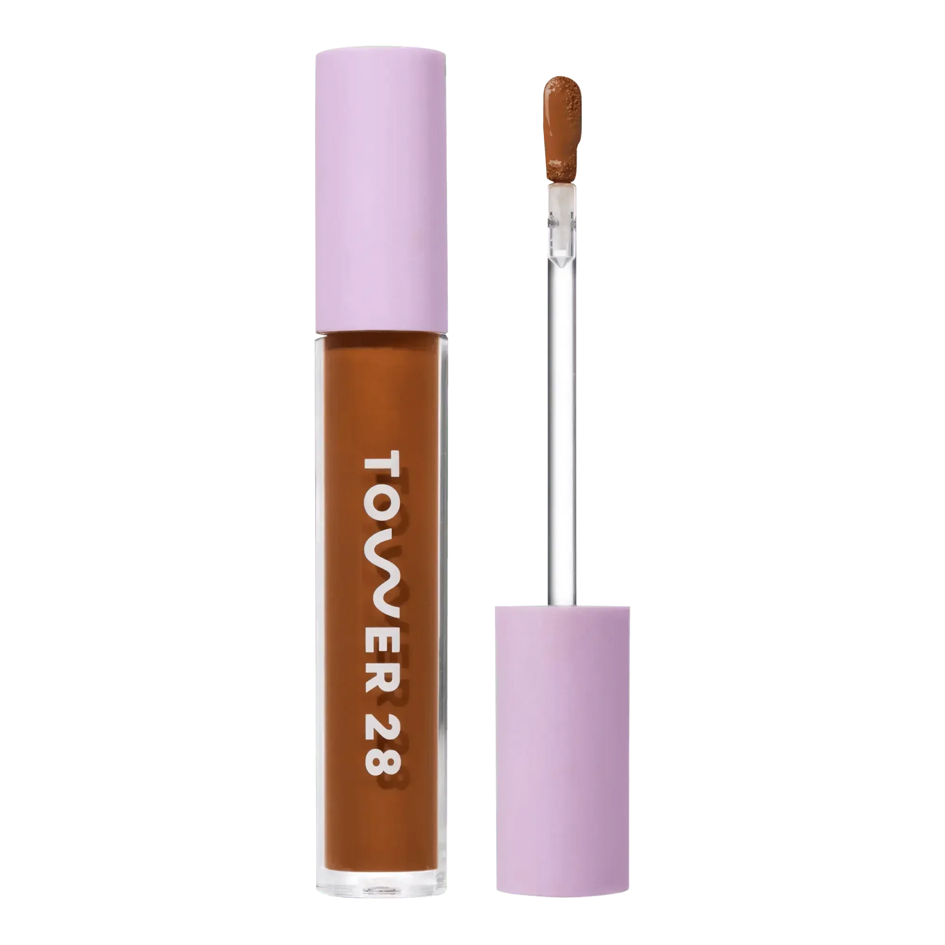 Creamy brown serum concealer with wand applicator and sleek lavender cap