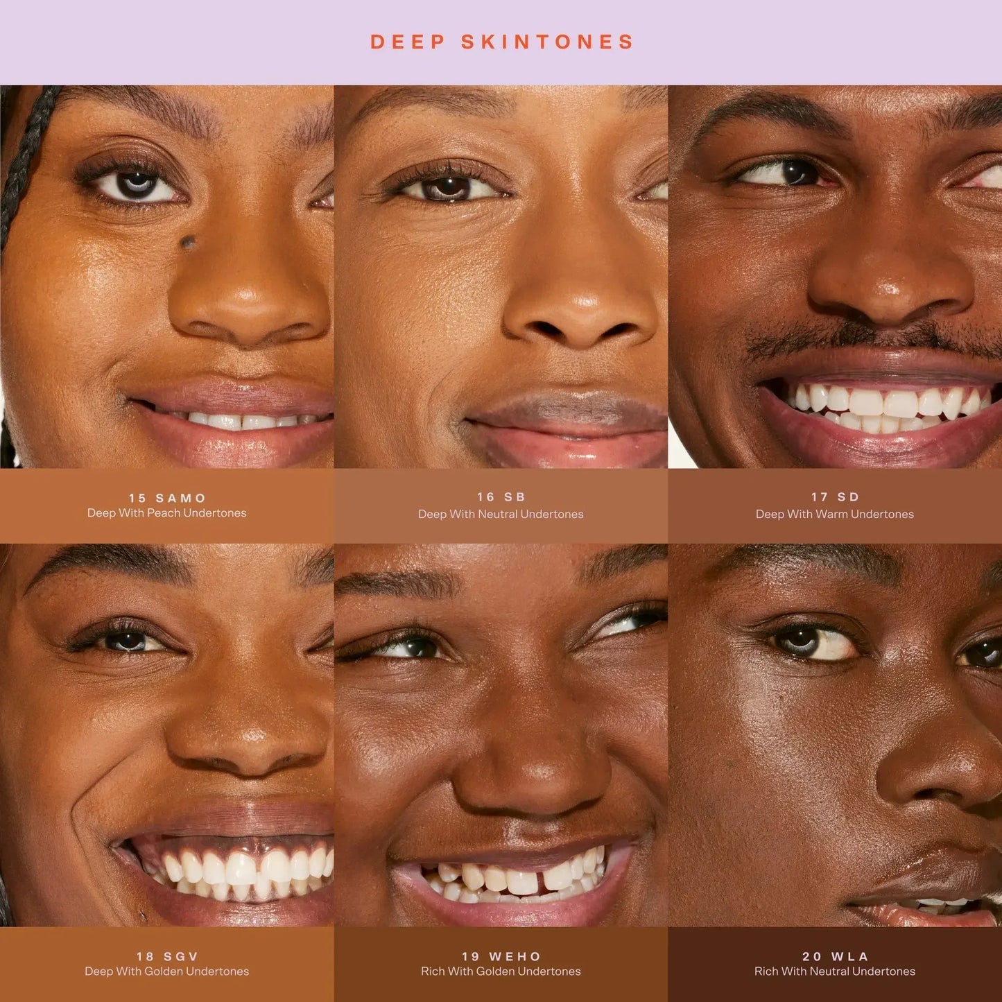 Close-up of diverse deep skintones showcasing serum concealer shades with radiant, dewy finish.