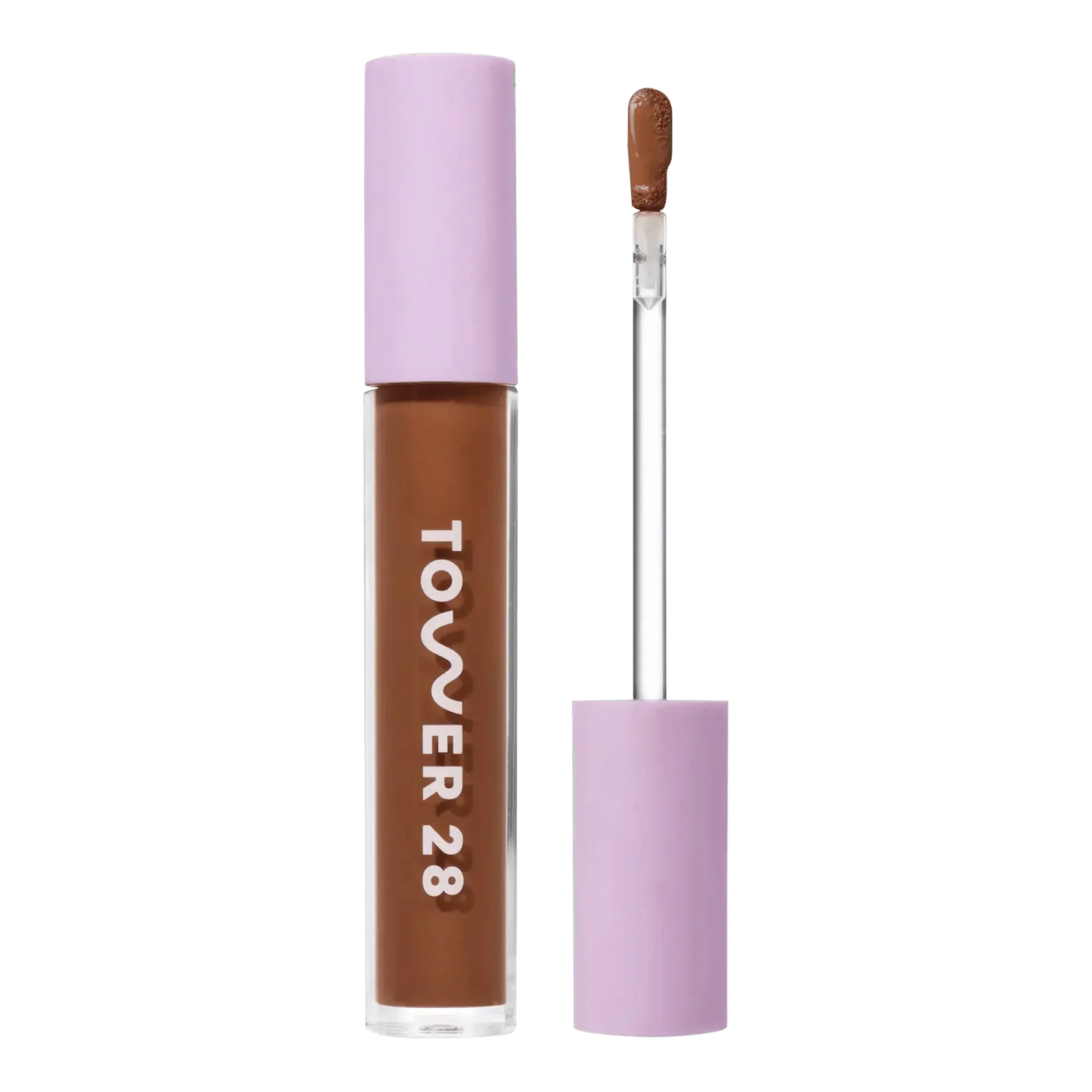 Rich brown liquid concealer with soft matte finish, creamy texture, purple cap, doe-foot applicator