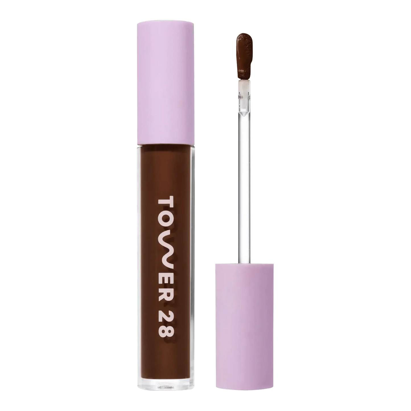 Rich brown creamy concealer in clear tube with lavender cap and doe-foot applicator