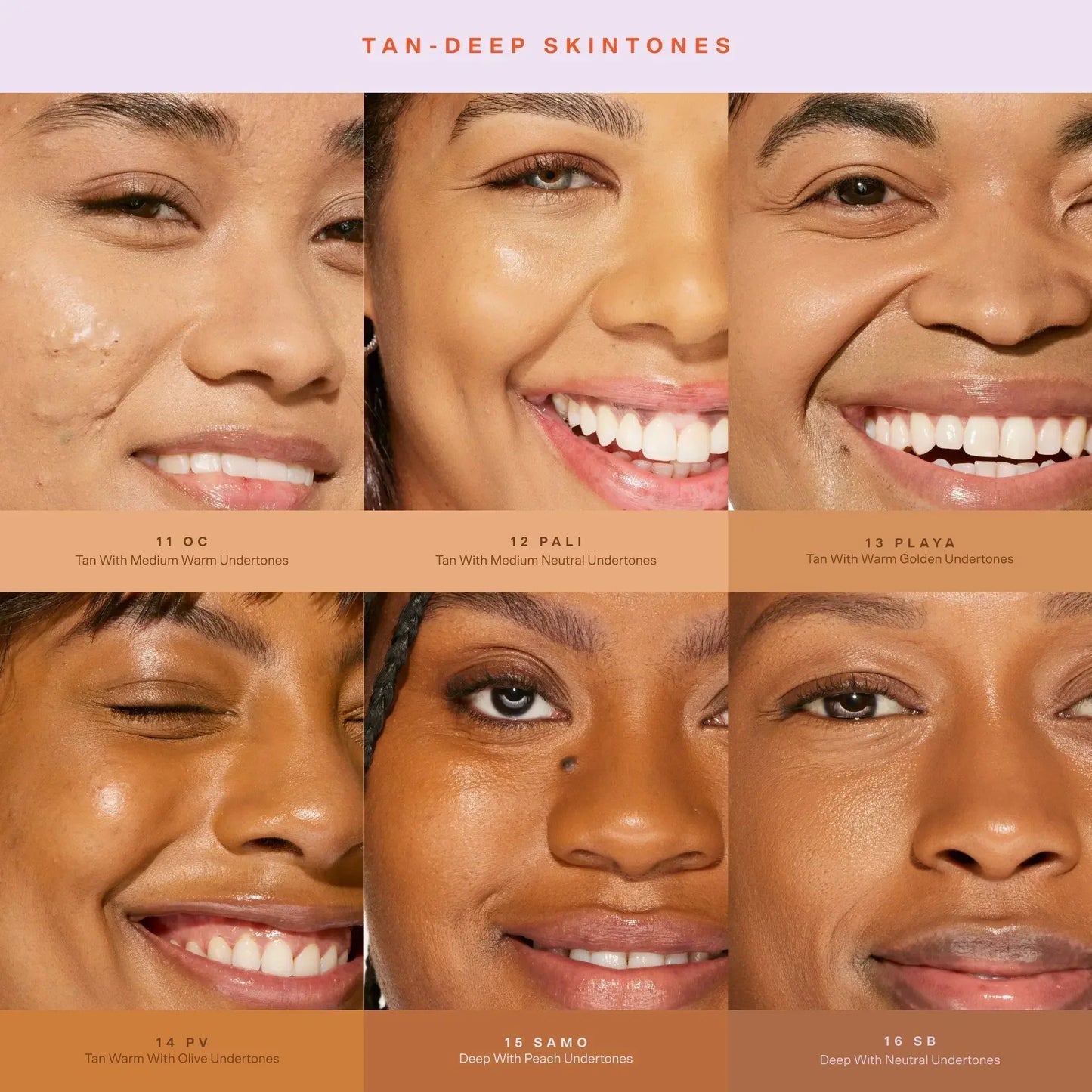 Close-up of six faces showcasing tan to deep skintones with dewy, radiant complexions in various undertones.