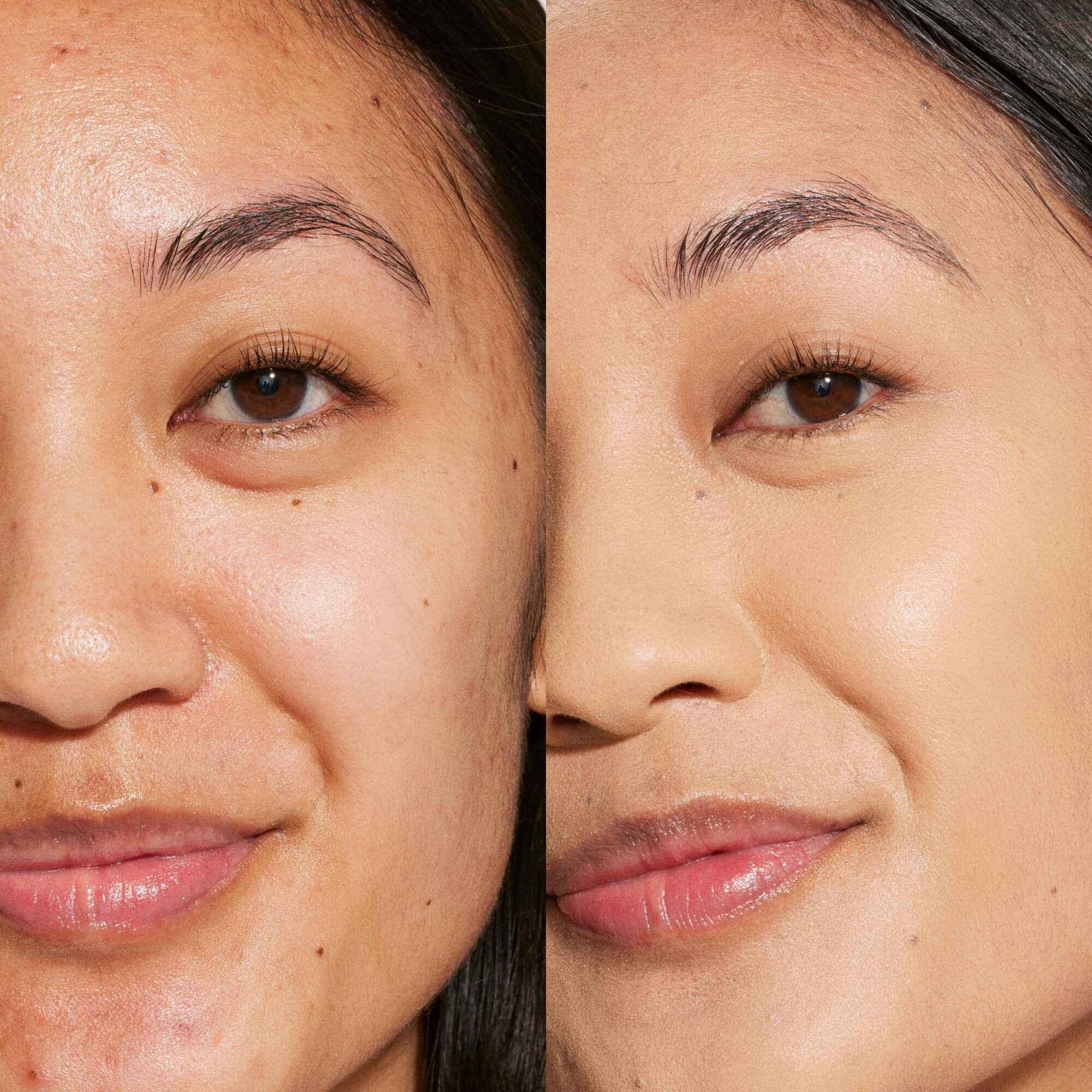 Side-by-side before and after of a woman’s face with medium skin, showing the natural skin on the left and a flawless, dewy finish with even tone on the right, highlighting creamy concealer coverage.
