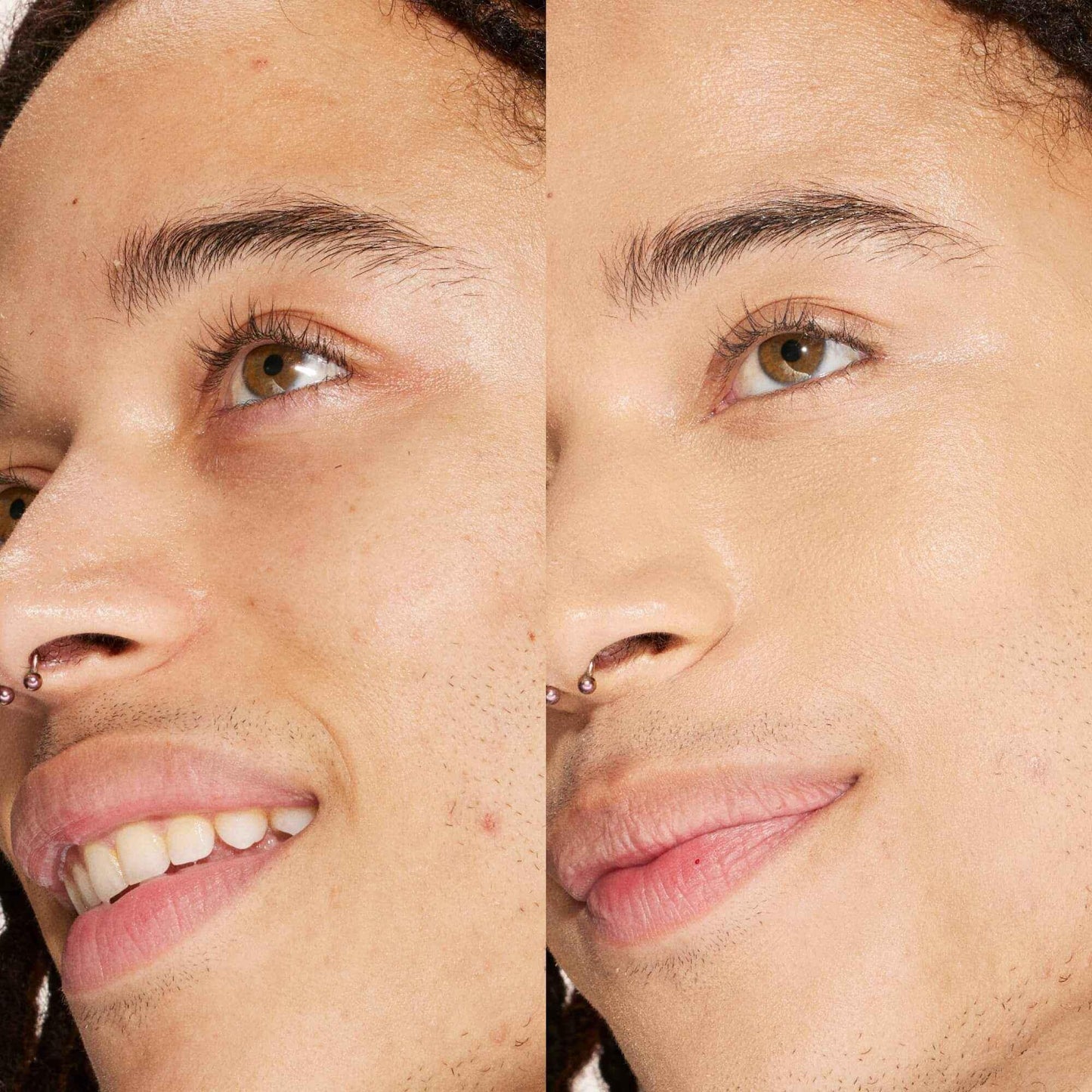 Close-up before and after of dewy finish concealer giving smooth, natural skin texture