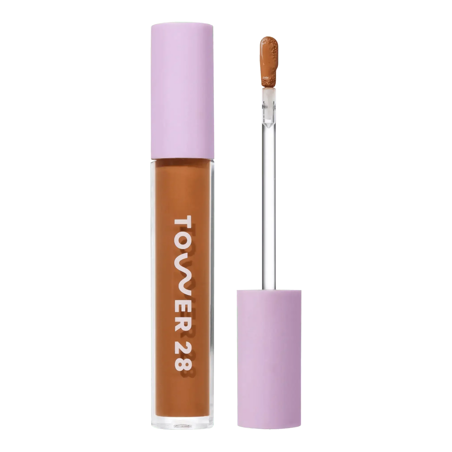 Luxury serum concealer with creamy, dewy texture in warm brown shade and lavender cap