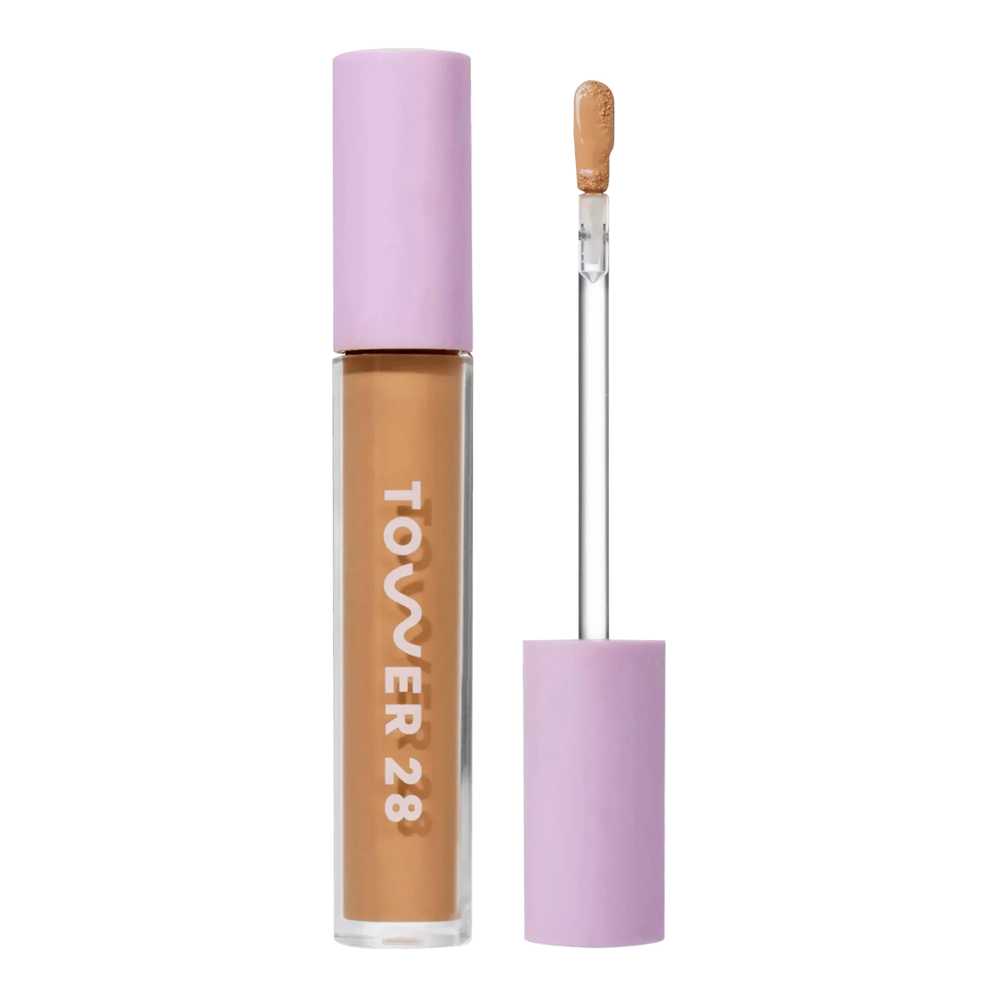 Golden tan creamy concealer with lavender cap and soft doe-foot applicator.