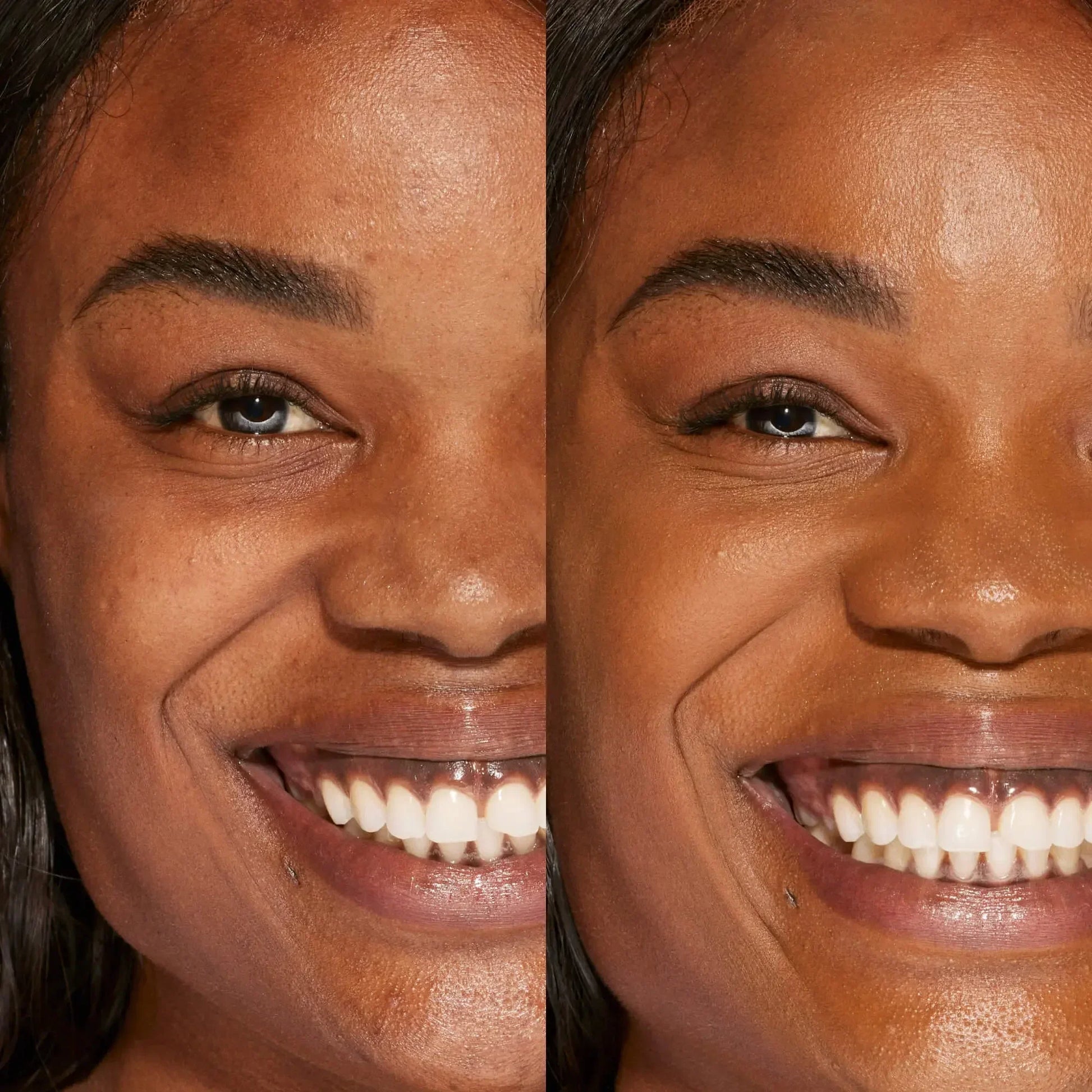 Close-up before and after of radiant brown skin with even, dewy concealer coverage.