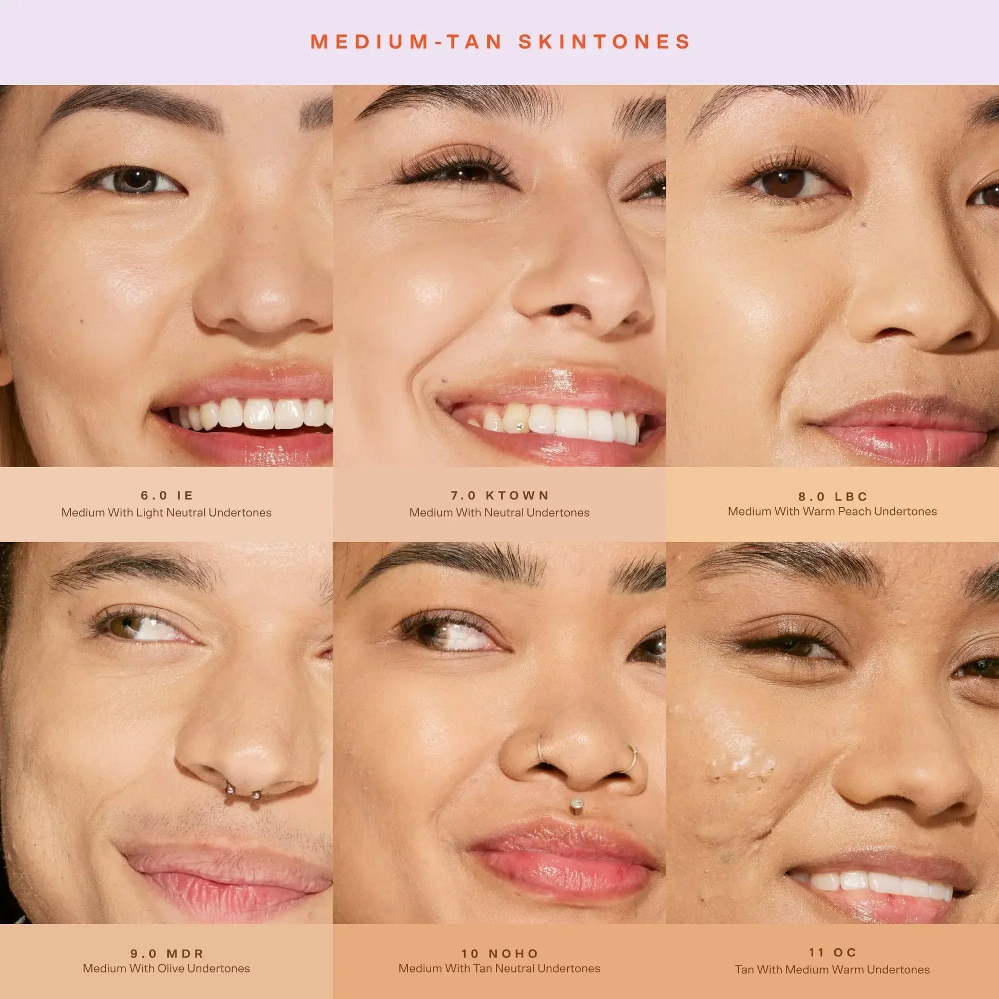 Six models with medium-tan skintones showcasing dewy, radiant complexions in natural light.