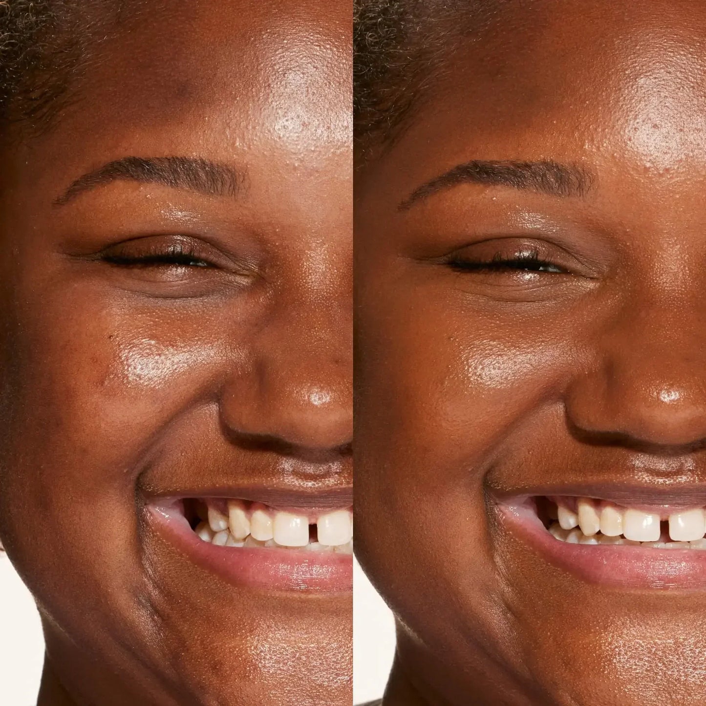Side-by-side of a smiling face showing even, radiant skin with dewy, natural finish.
