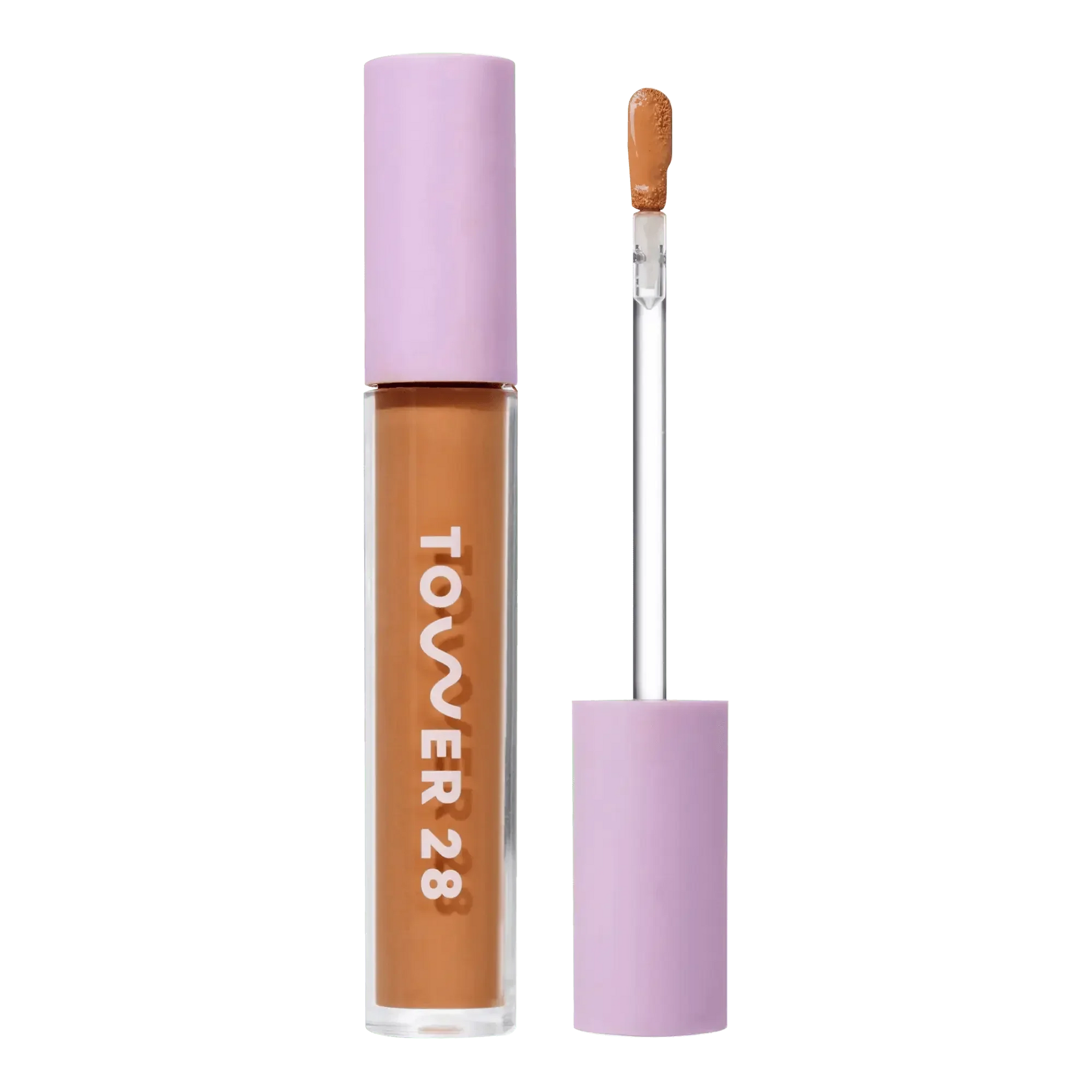 Serum concealer with creamy texture in a clear tube, lavender cap, and golden beige shade.