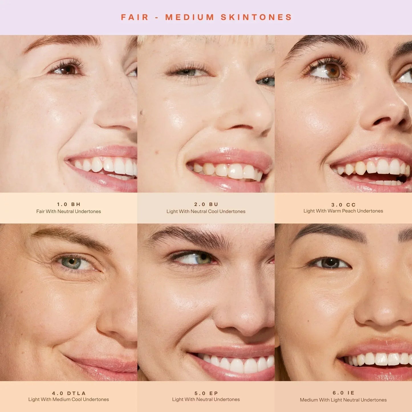 Six close-up faces with fair to medium skin tones, each showing smooth, radiant complexion.