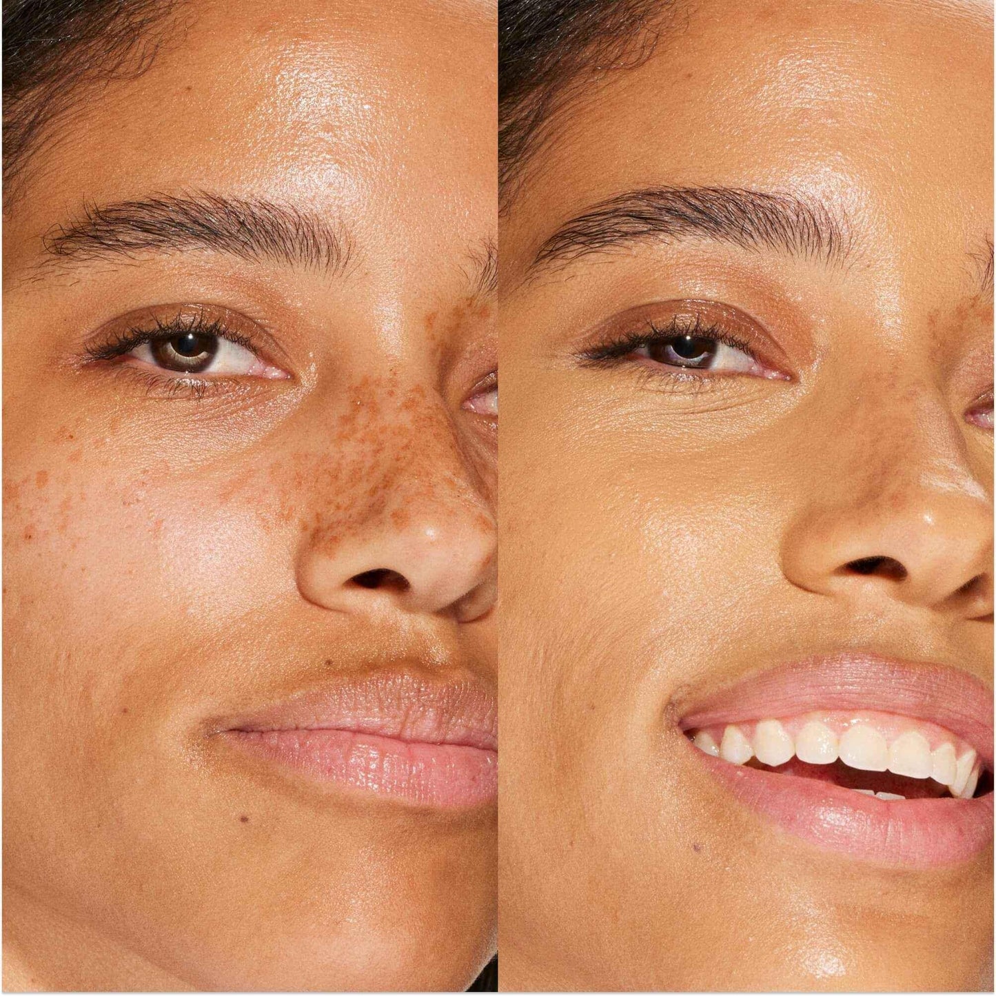 Close-up of model's face before and after creamy concealer, showing a dewy, flawless finish.
