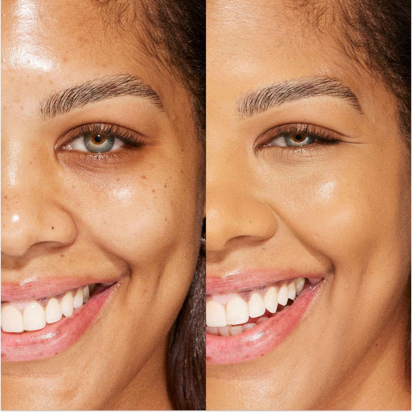 Before and after close-up of a woman's face showing even, radiant skin with a dewy finish concealer.