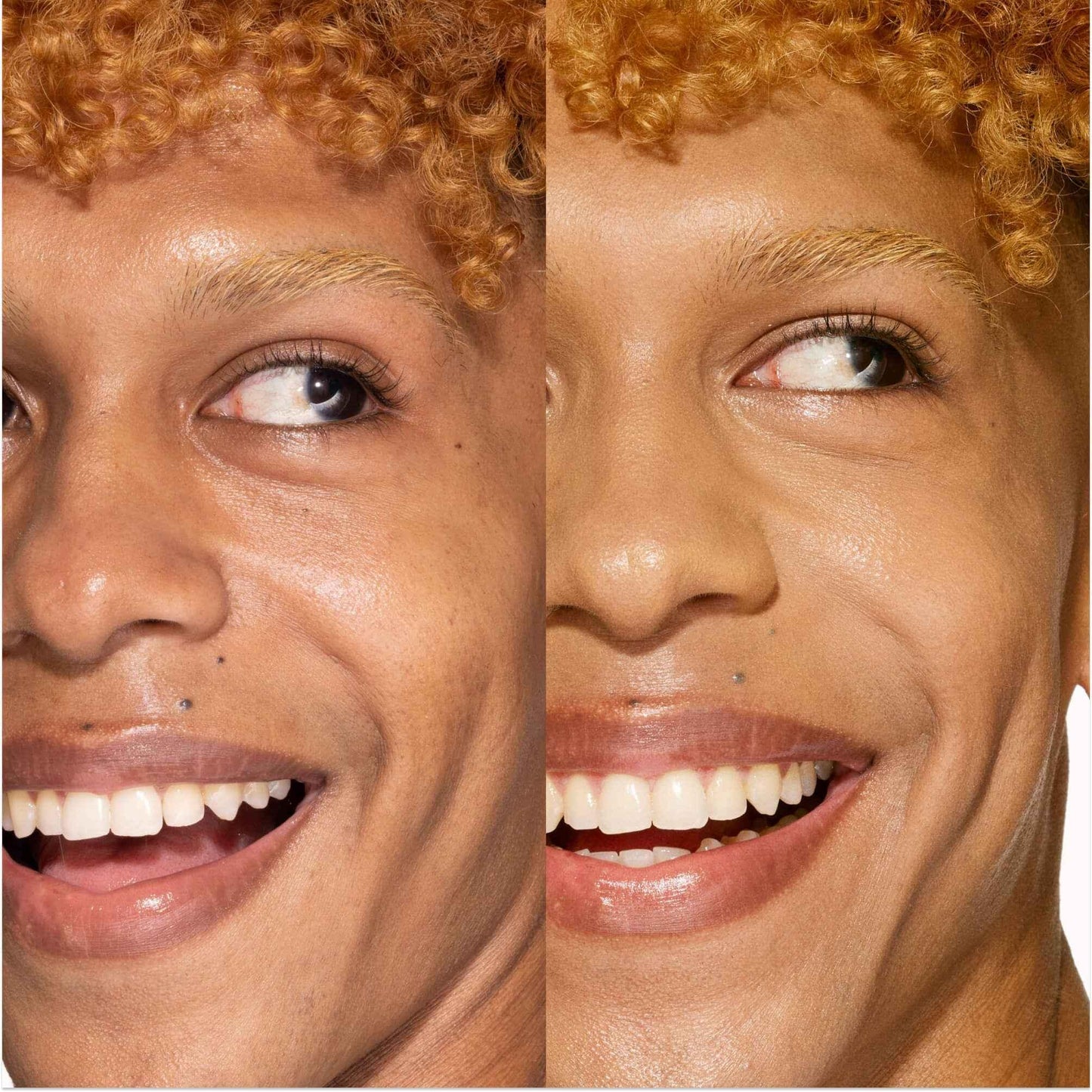 Close-up before and after of face with radiant, even tone, dewy finish concealer applied.