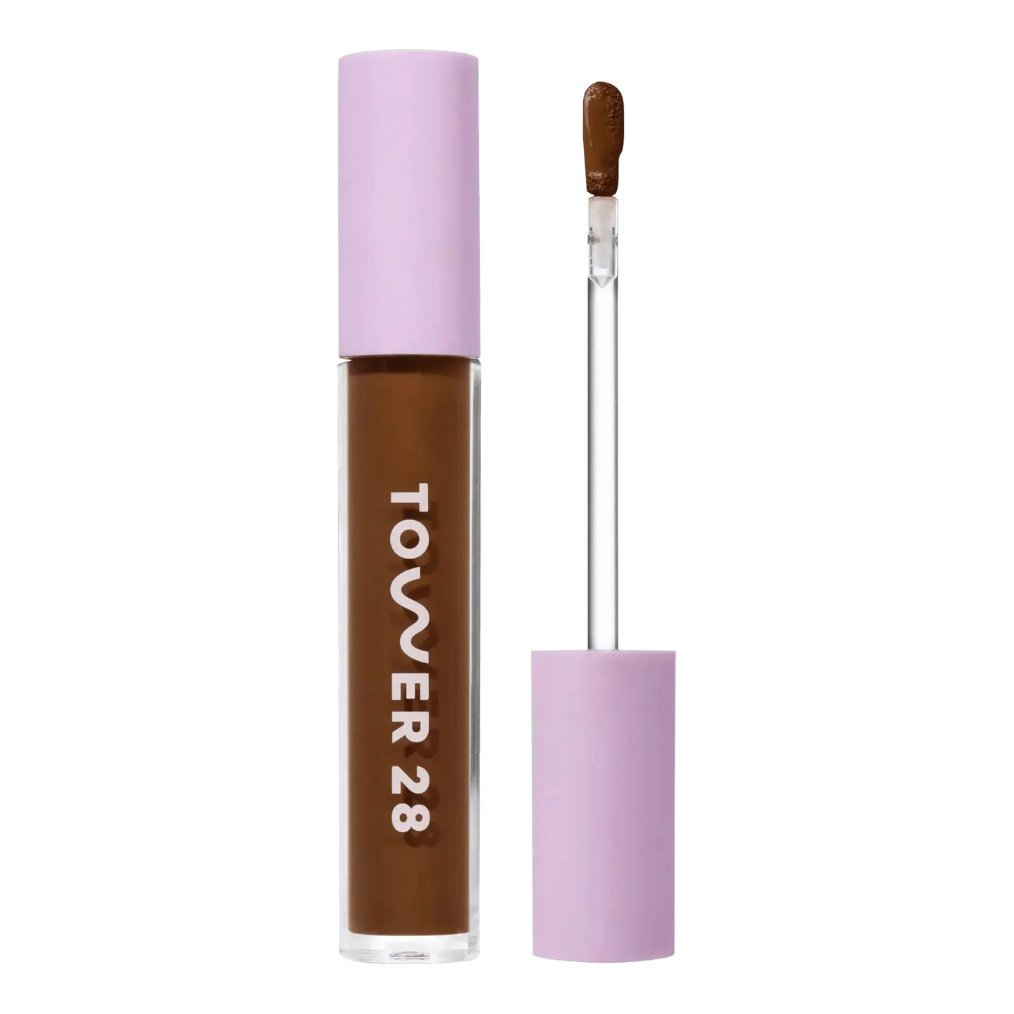 Deep brown creamy concealer with sleek lavender cap and applicator