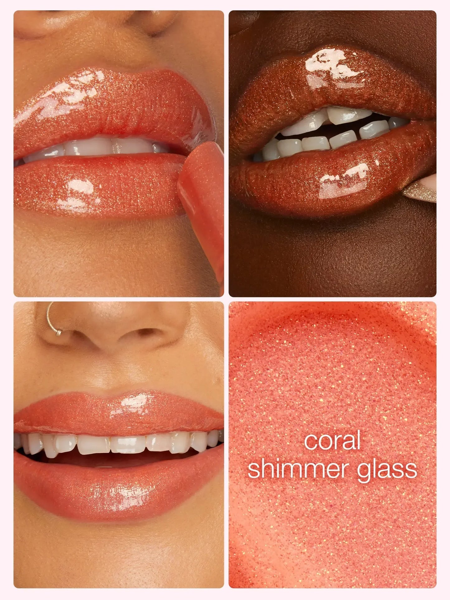 Collage of coral lip gloss on lips with close-up of color swatch labeled 'coral shimmer glass'.