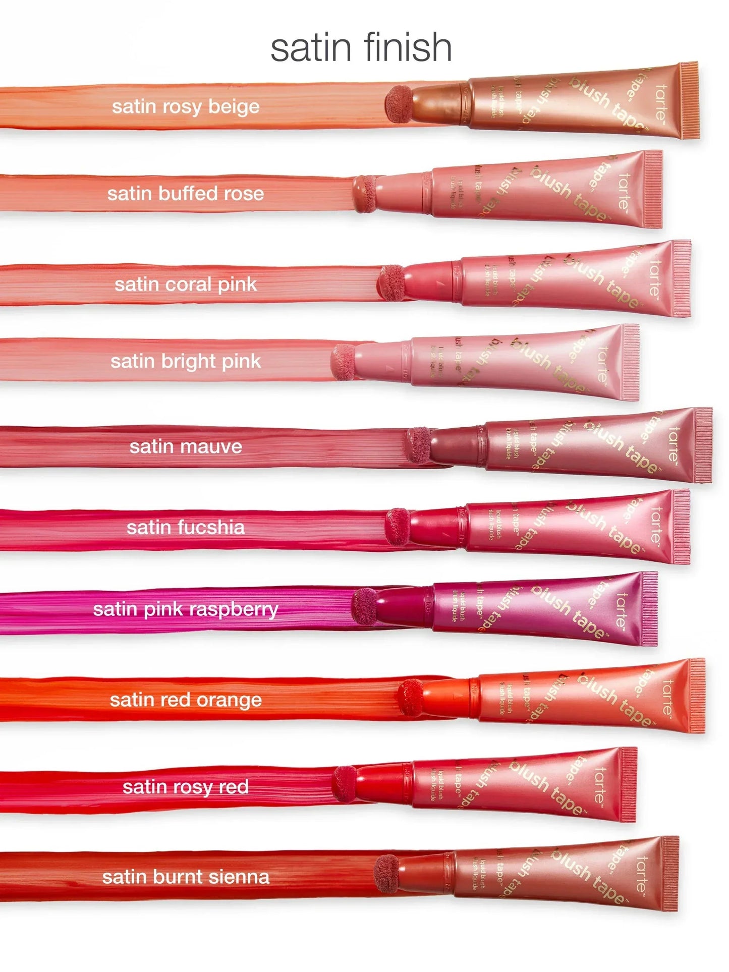 Row of lip gloss tubes with different colors and names on a white background