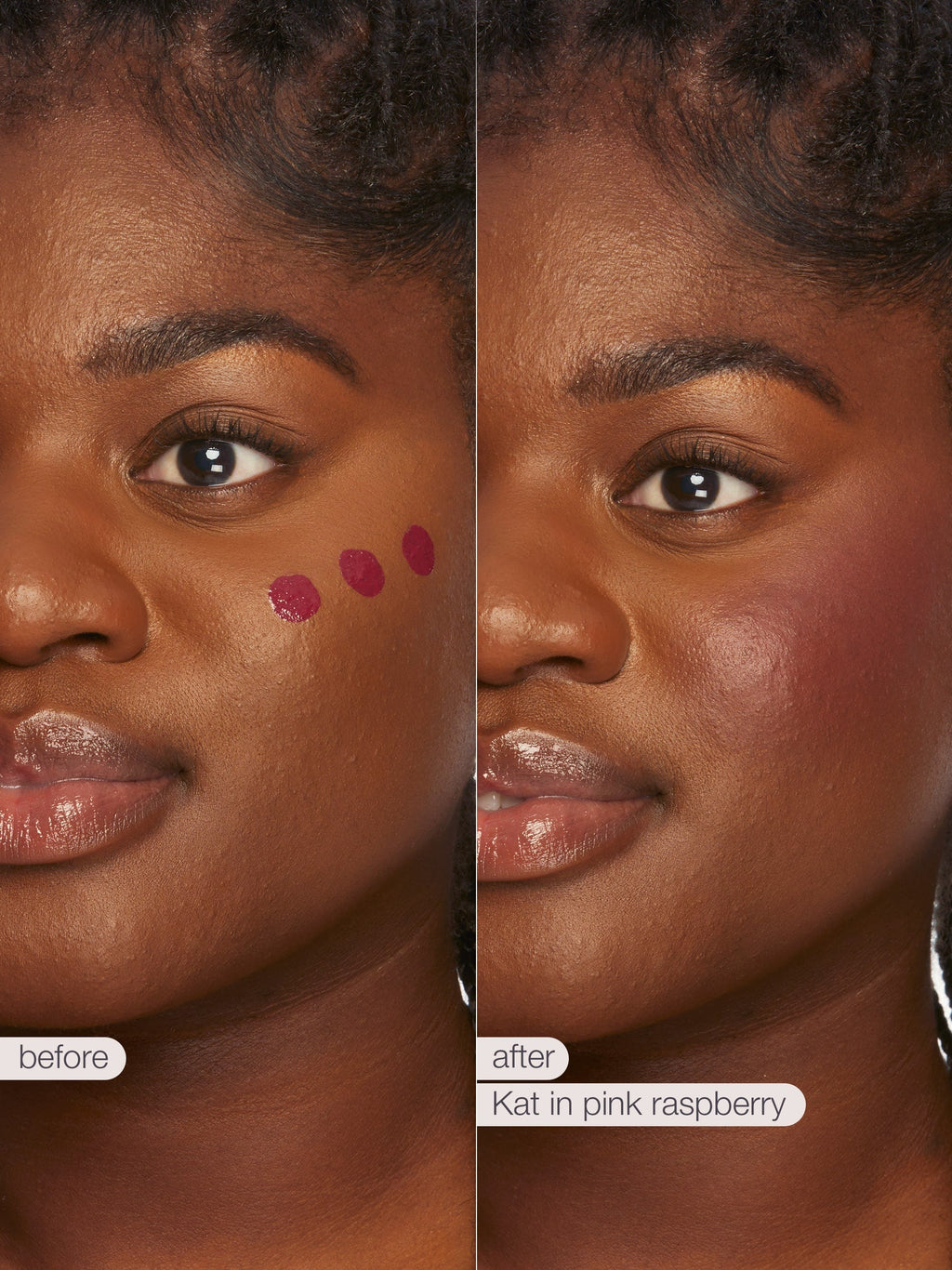 Before and after comparison of a woman's face with makeup application, labeled 'Kat in pink raspberry'.