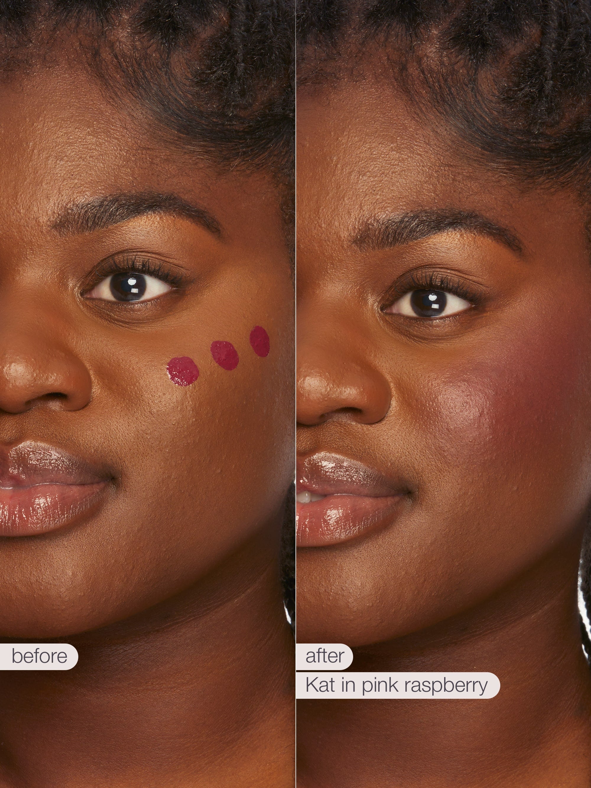 Before and after comparison of a woman's face with makeup application, labeled 'Kat in pink raspberry'.