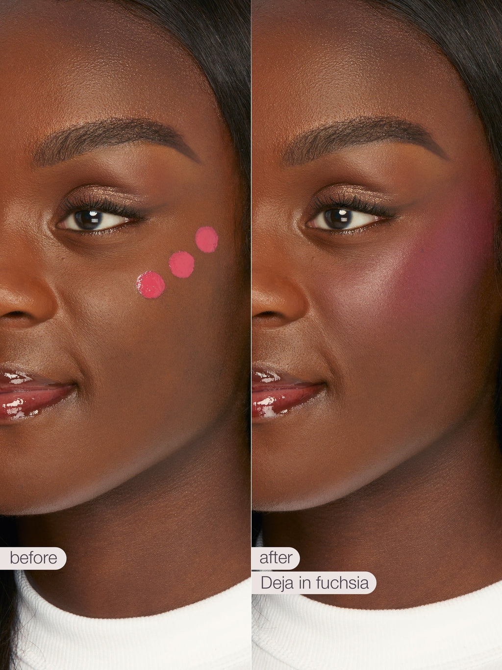 Before and after comparison of a woman's face with blush application on cheek.