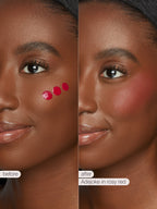 Before and after comparison of a woman's face with blush application, labeled 'Adejoke in rosy red'.