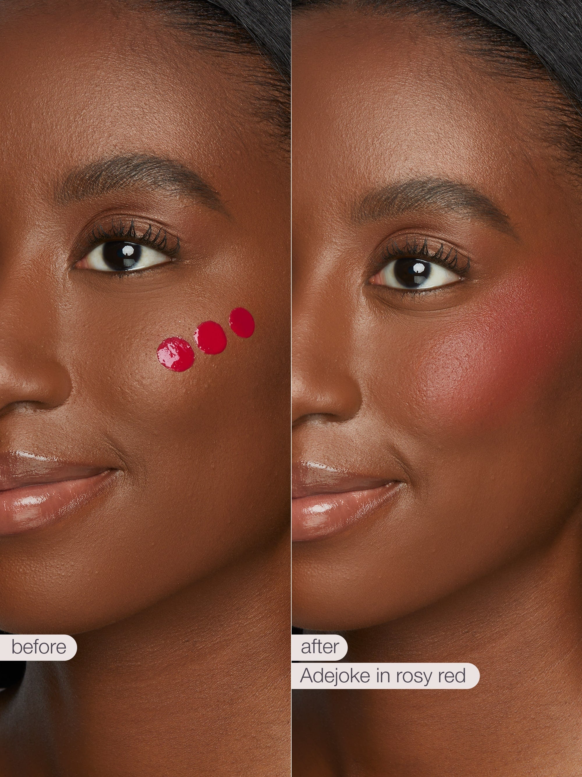 Before and after comparison of a woman's face with blush application, labeled 'Adejoke in rosy red'.