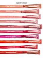 Row of lip gloss tubes with various colors and names on a white background