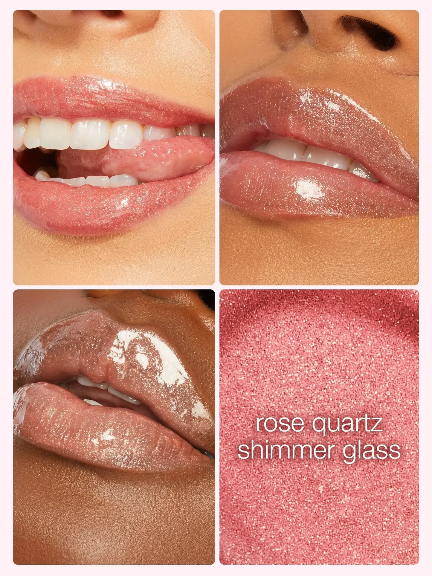 Lipstick shade with close-up views on different skin tones and a color swatch labeled 'rose quartz shimmer glass'.