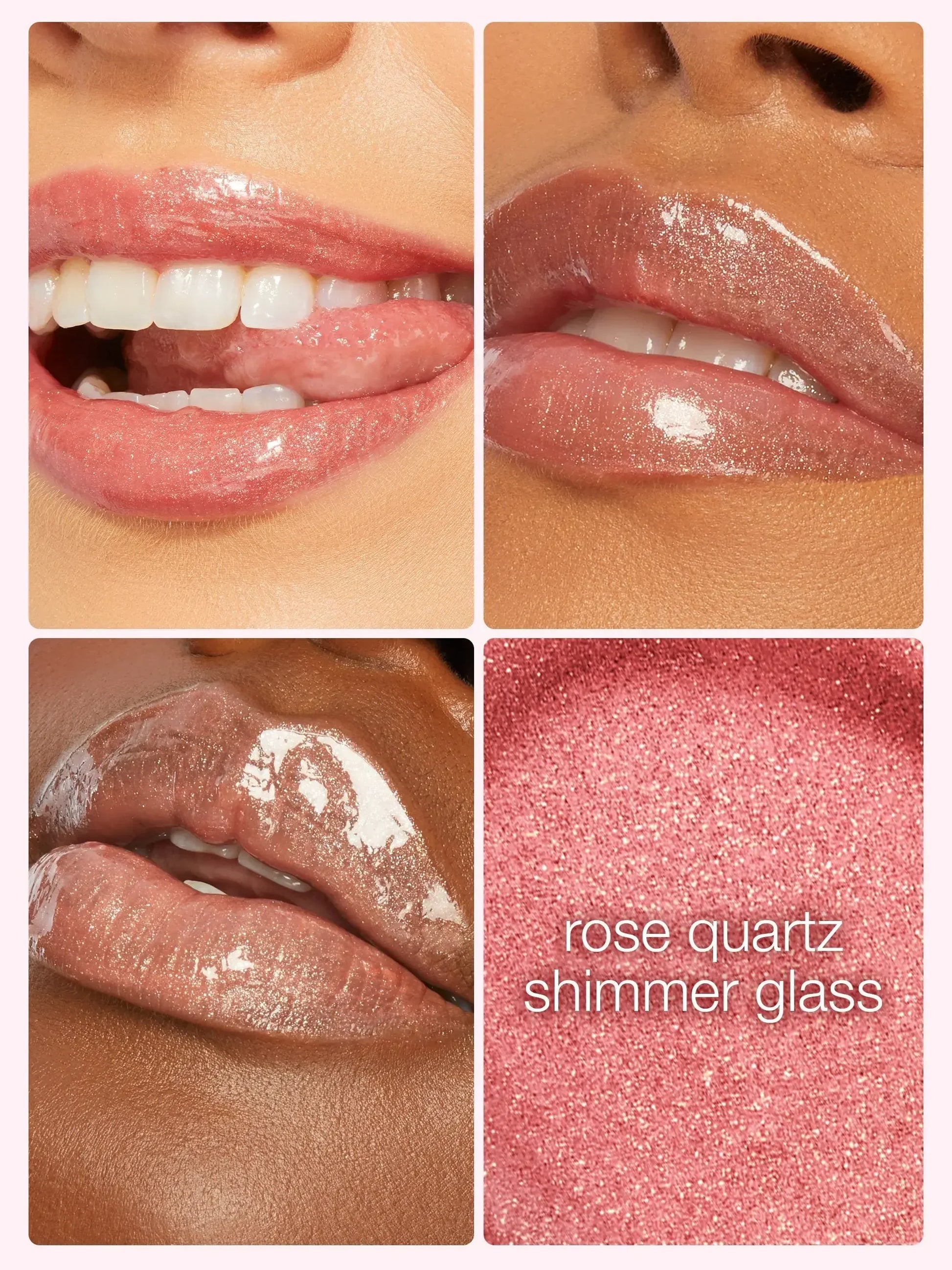 Lipstick shade with close-up views on different skin tones and a color swatch labeled 'rose quartz shimmer glass'.