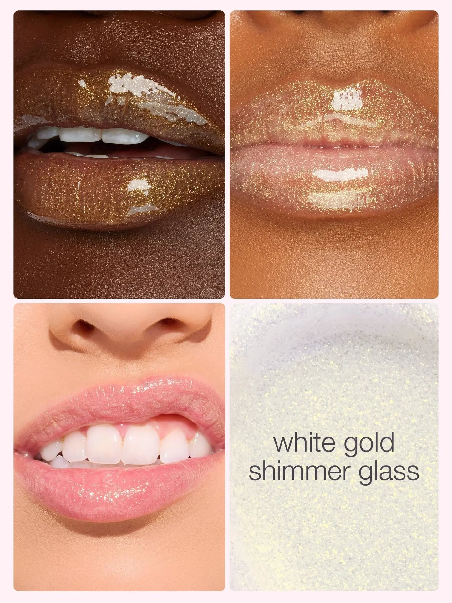 Collage of lips wearing white gold shimmer glass makeup with close-up of product texture.