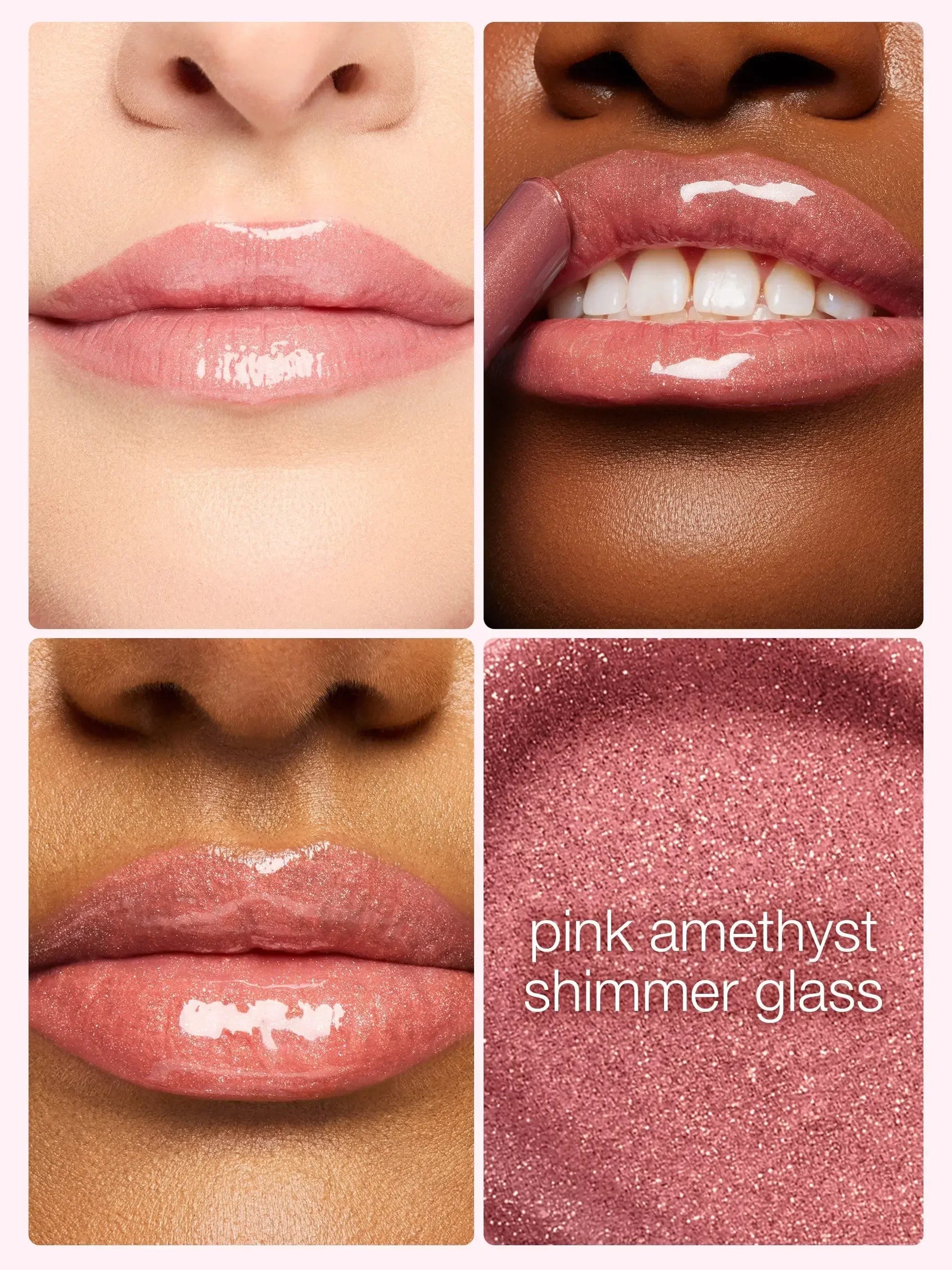 Collage of pink lip gloss on different skin tones with a close-up of the product.