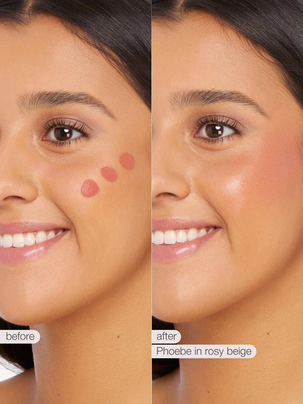 Before and after comparison of a woman's face with blush application labeled 'Phoebe in rosy beige'.