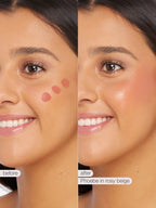 Before and after comparison of a woman's face with blush application labeled 'Phoebe in rosy beige'.