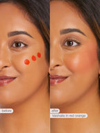 Before and after comparison of a woman's face with blush application, labeled 'Vashalie in red orange'.