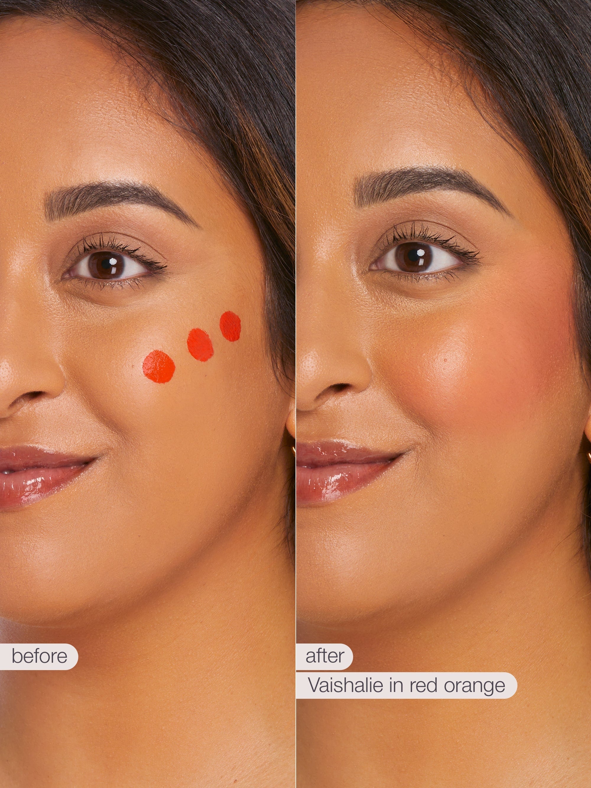 Before and after comparison of a woman's face with blush application, labeled 'Vashalie in red orange'.