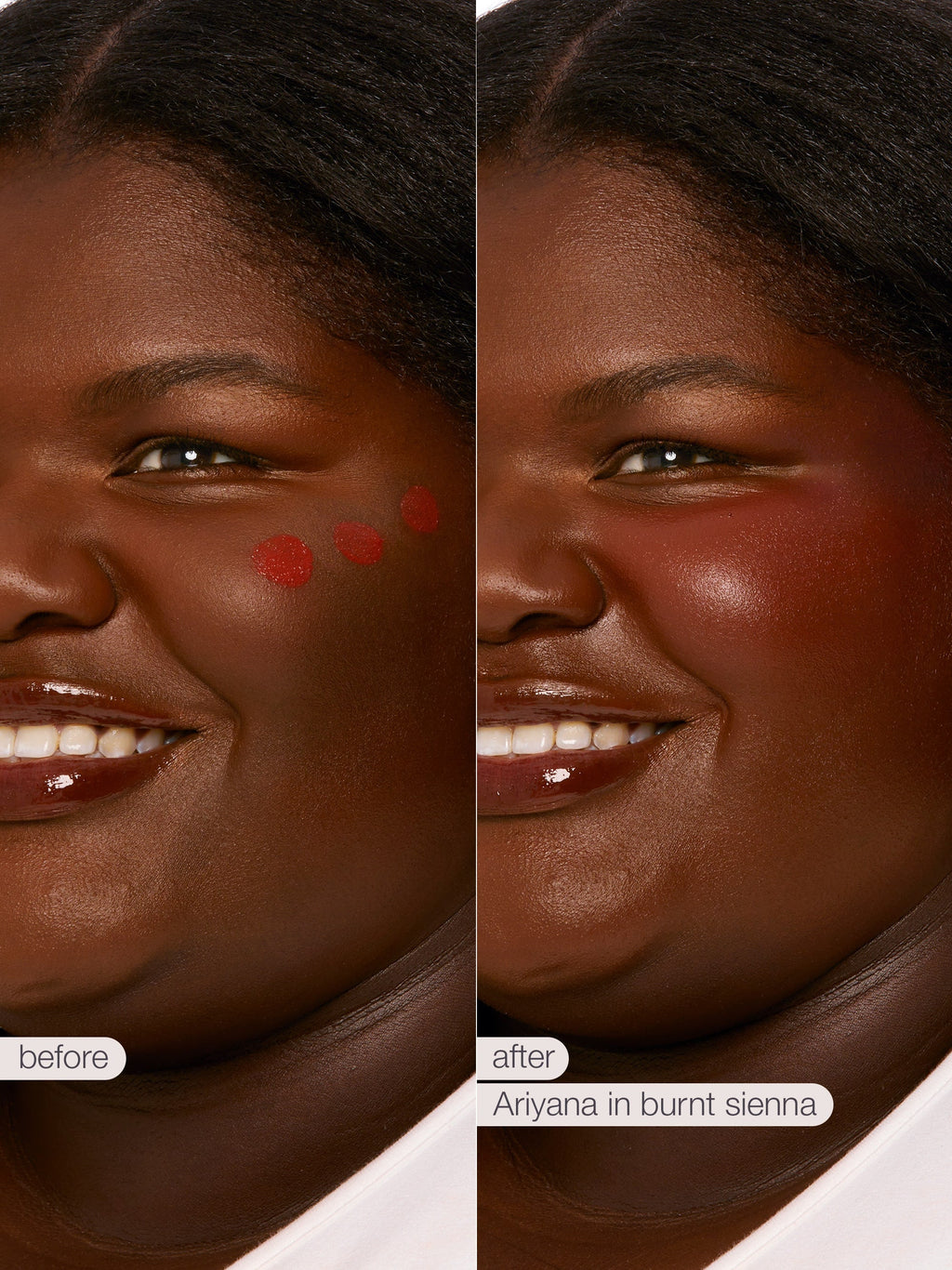 Before and after comparison of a woman's face with makeup application labeled 'Aryana in burnt sienna'.
