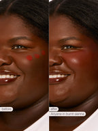 Before and after comparison of a woman's face with makeup application labeled 'Aryana in burnt sienna'.