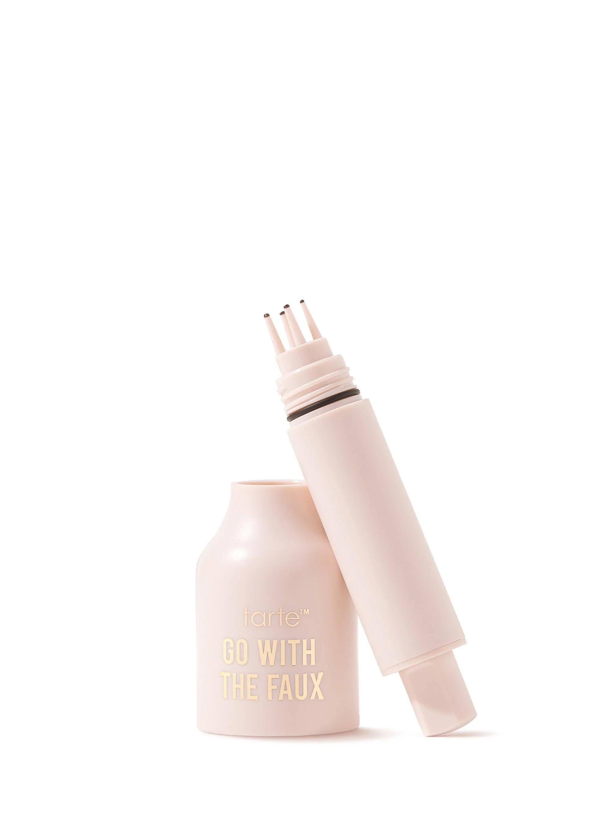 Pink makeup product with text on a white background