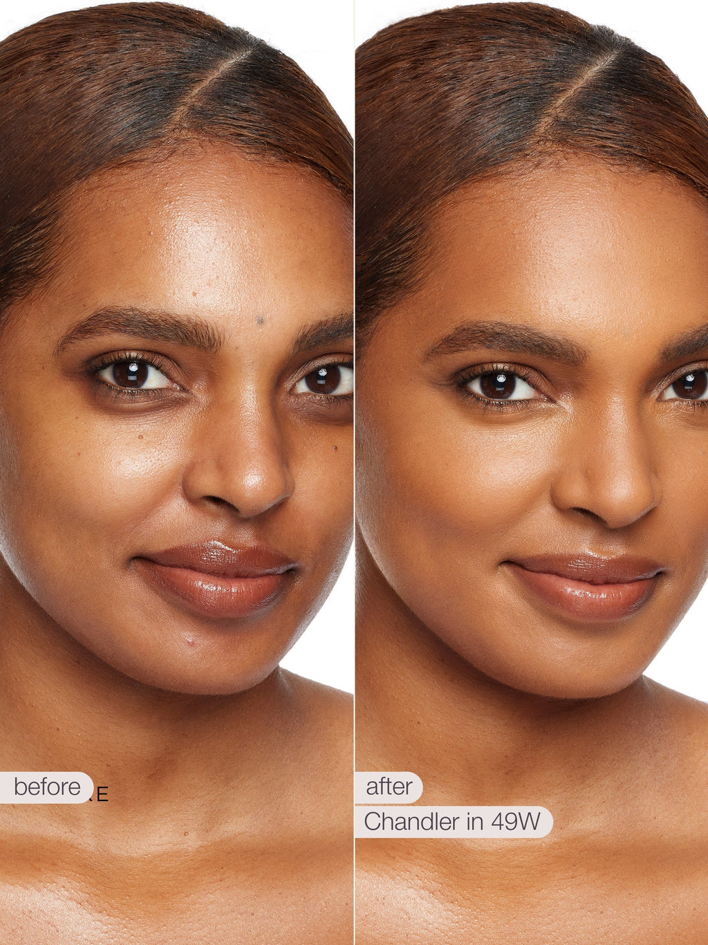 Before and after comparison of a woman's skin with a product labeled 'Chandler in 49W'.