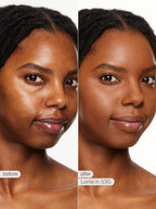 Before and after comparison of a woman's face with text indicating product name and shade.