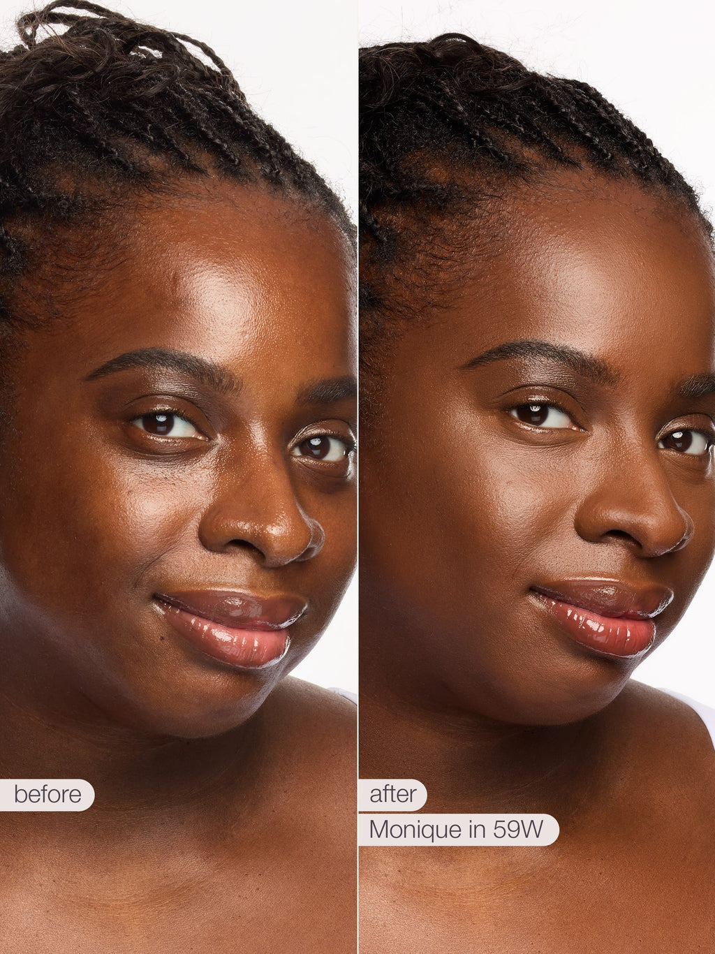 Before and after comparison of a woman's face with text indicating a product name.