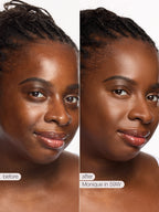 Before and after comparison of a woman's face with text indicating a product name.