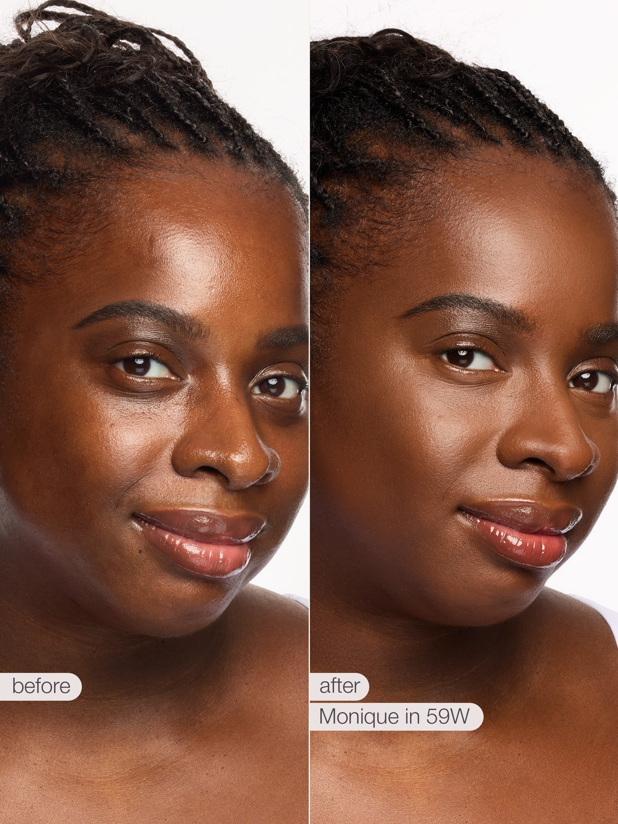 Before and after comparison of a woman's face with text indicating a product name.